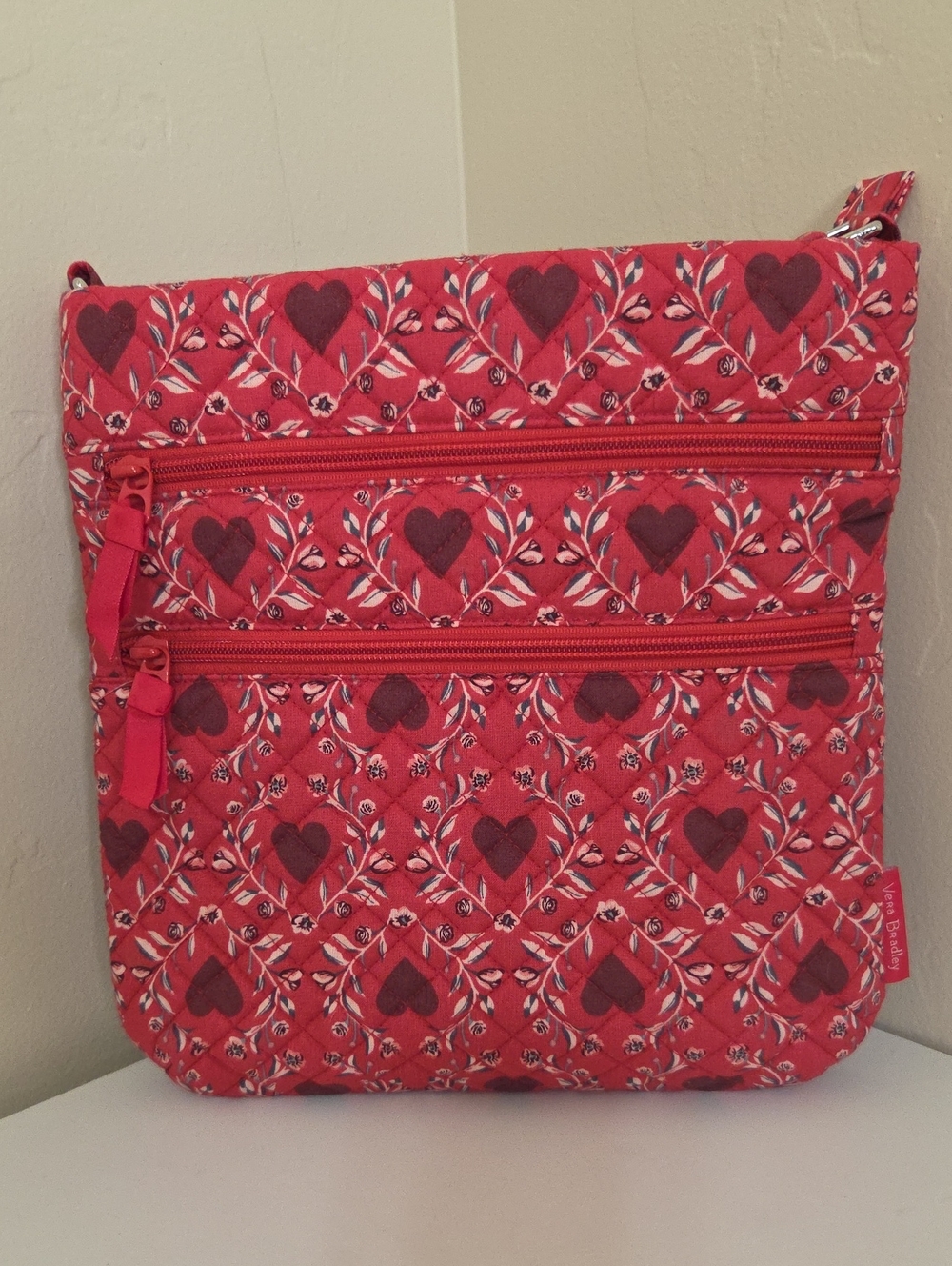 Vera Bradley Pink and Maroon Heart-Print Quilted Crossbody